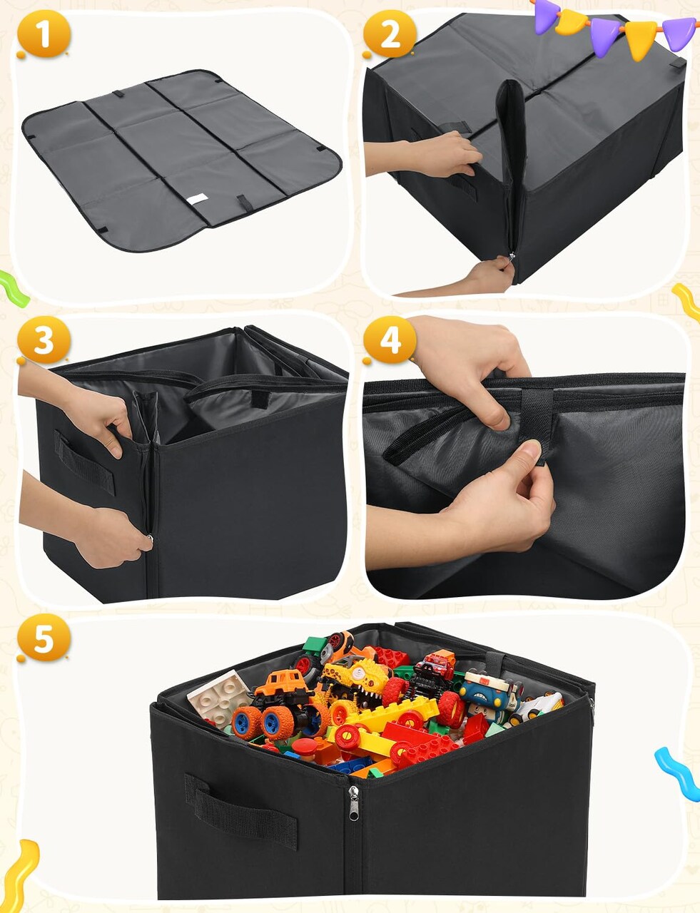 YOHOOLYO Toy Storage Organizer & Play Mat 43.3", Large 15×13×13" Collapsible Storage Cube Bin with Handles for Building Bricks, Boys, Girls, Playroom, Nursery (M, Black)